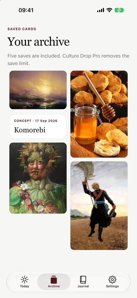 Culture Drop archive showing saved artwork, history and fact cards in a grid