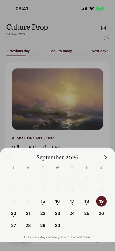 Culture Drop calendar with dots on the days a reflection was written
