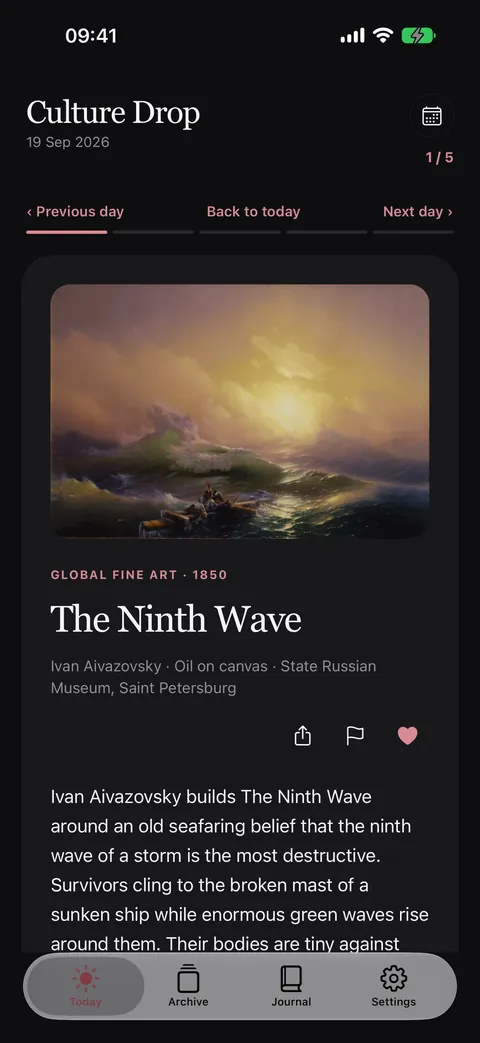 Culture Drop in dark appearance showing The Ninth Wave