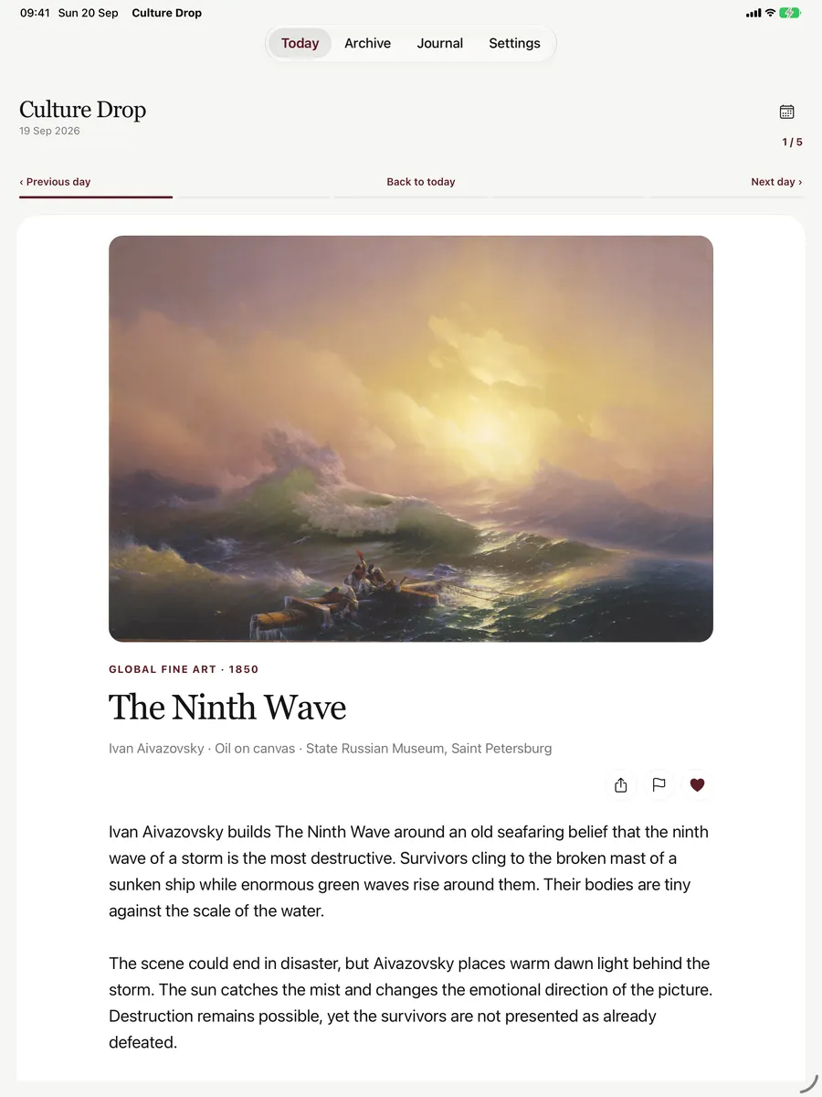 Culture Drop on iPad showing The Ninth Wave in a wide reading layout with a larger image and text