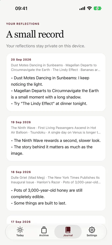 Culture Drop private journal listing a reflection written for each daily drop
