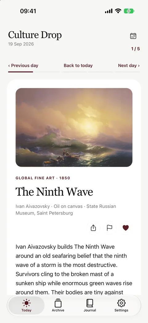 Culture Drop daily art card showing The Ninth Wave by Ivan Aivazovsky, with the artist, medium and story behind the painting