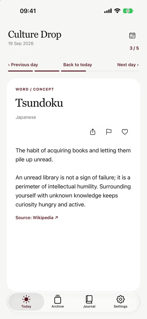 Culture Drop word or concept card explaining the Japanese word tsundoku