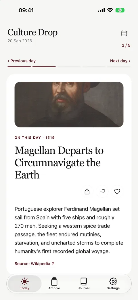 Culture Drop on this day card about Magellan setting out to circumnavigate the Earth in 1519